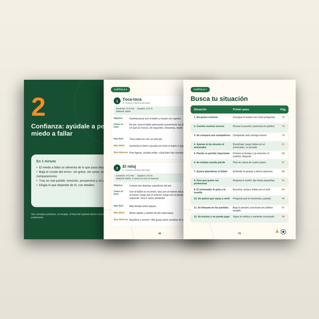 Páginas interiores de la guía: capítulo de confianza, fichas de juegos y tabla de situaciones